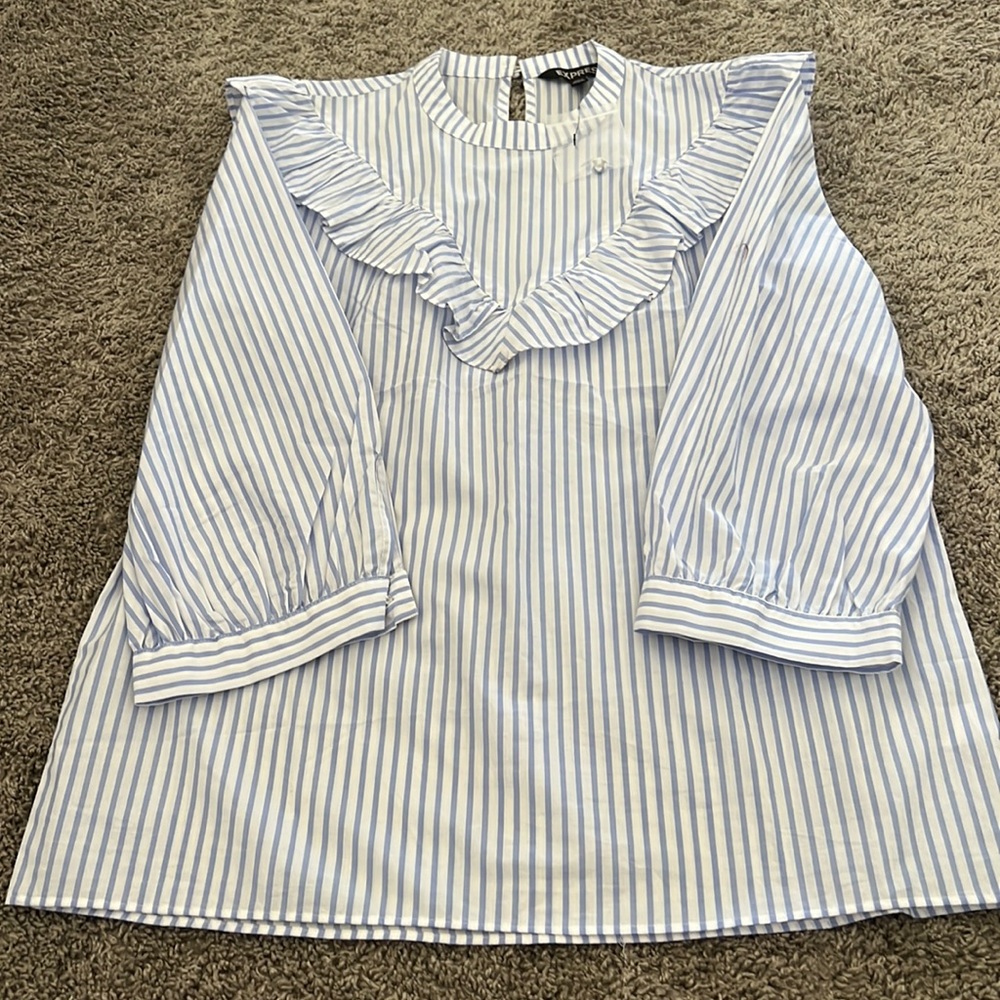 Express blue and white striped blouse ruffle top xs NEW